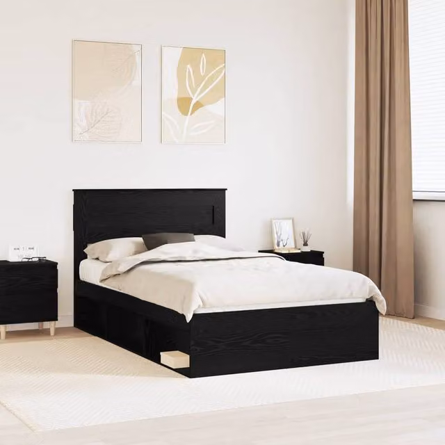Berkfield Home Modern Bed Frame with Headboard in Black Solid Pine Wood, W: 135 cm x L: 190 cm – 1
