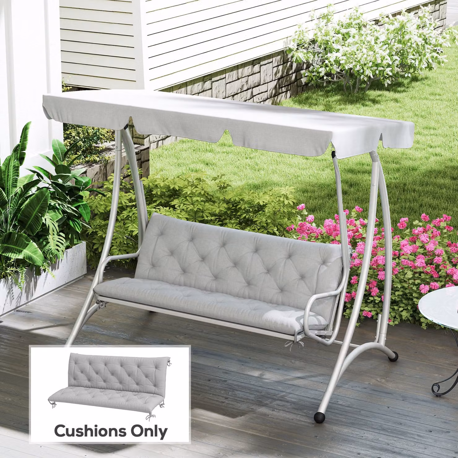 Outsunny Three-Seater Rectangular Bench Cushion in Grey Polyester with Water-Repellent Fabric – 2