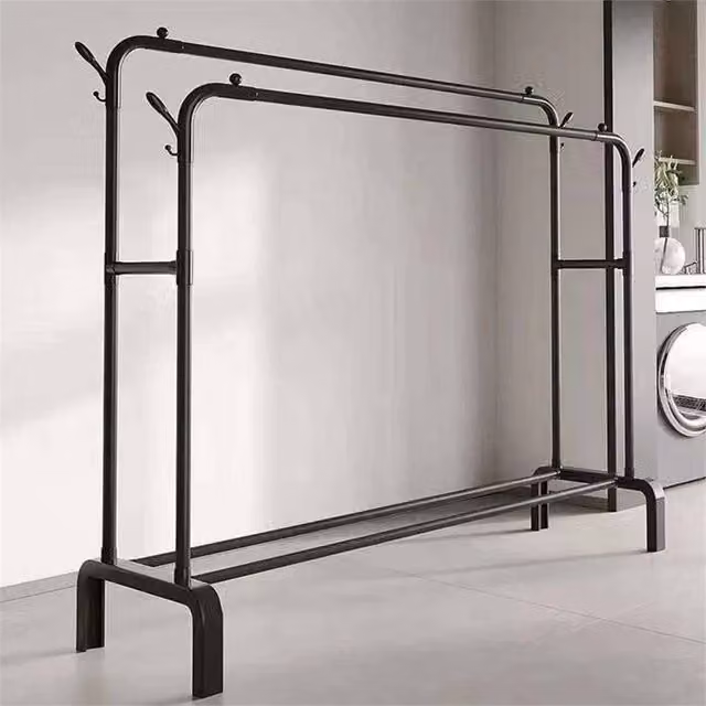 Nordara Double Rail Metal Clothes Hanging Rack and Garment Display Stand in Matt Black