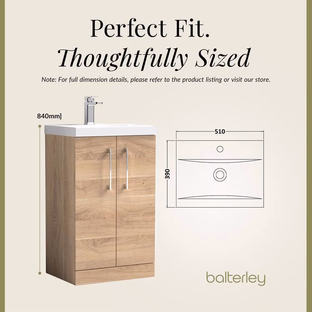 Balterley Contemporary Floor Standing Bathroom Vanity Unit with Mid-Edge Ceramic Basin, Bleached Oak Brown, W: 51 cm, D: 39 cm, H: 84 cm – 2