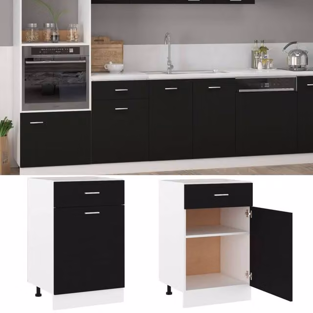 Berkfield Home Black Modern Kitchen Drawer Bottom Cabinet in MDF, W/D/H: 50 x 46 x 81.5 cm – 1