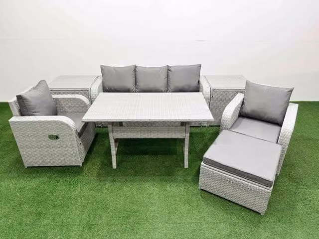 Fimous PE Rattan Garden Furniture Set in Light Grey with Reclining Chairs, Lounge Sofa, Rectangular Dining Table, 2 Side Tables and Large Footstool