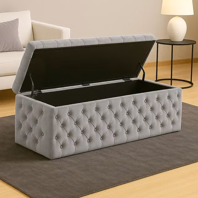 R&M Furnishers Wide Lux Chesterfield Ottoman Storage Box in Silver Plush Velvet