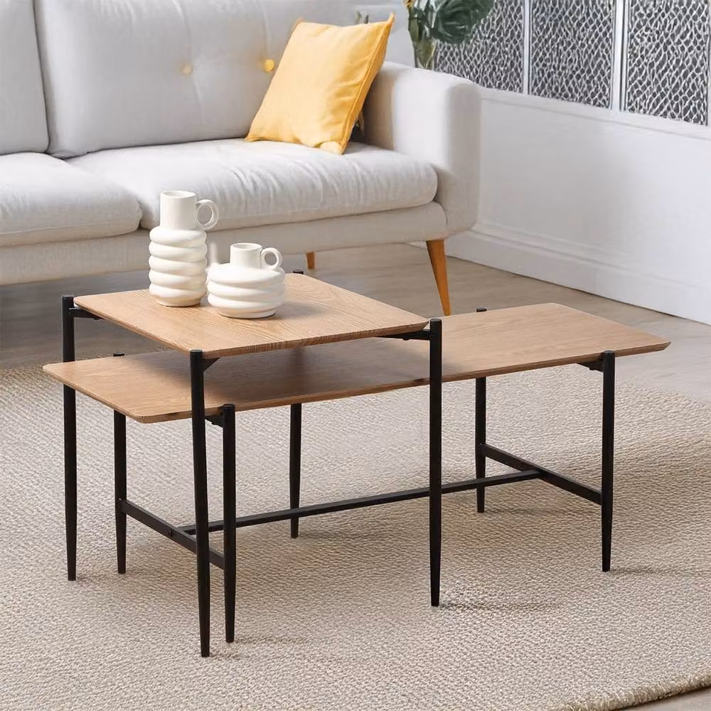CALICOSY Set of 2 Nesting Coffee Tables in Light Brown Oak Finish with Black Metal Legs – 2