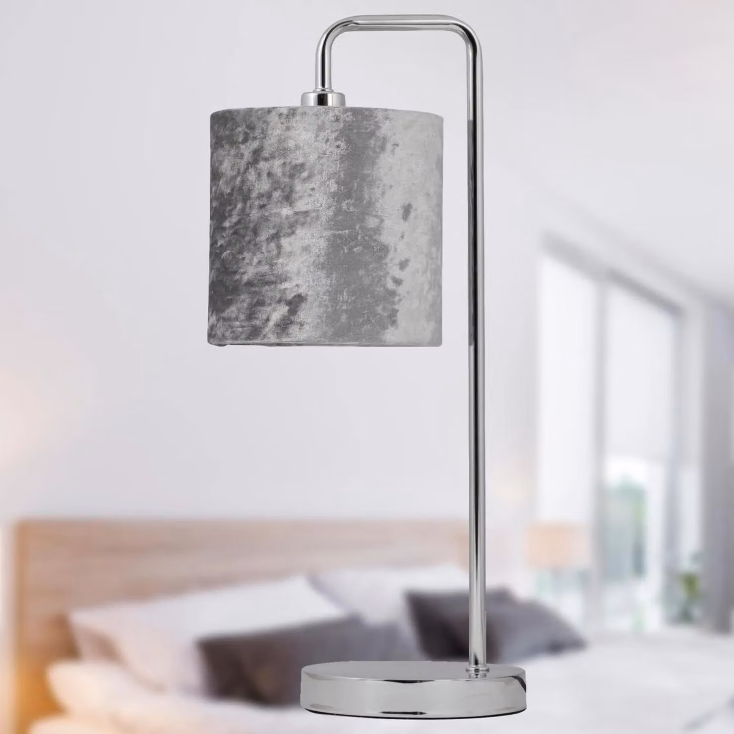 First Choice Lighting Chrome Arched Table Lamp with Grey Fabric Shade – 3