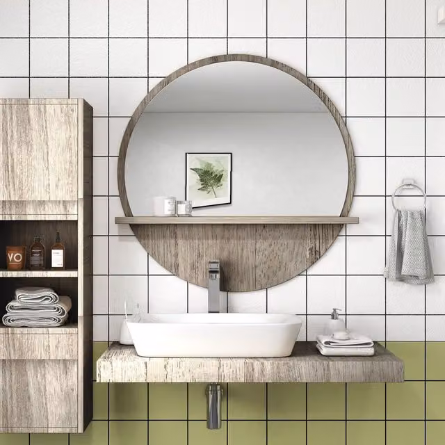 Kleankin Round Wall Mounted Bathroom Mirror with Shelf in Grey