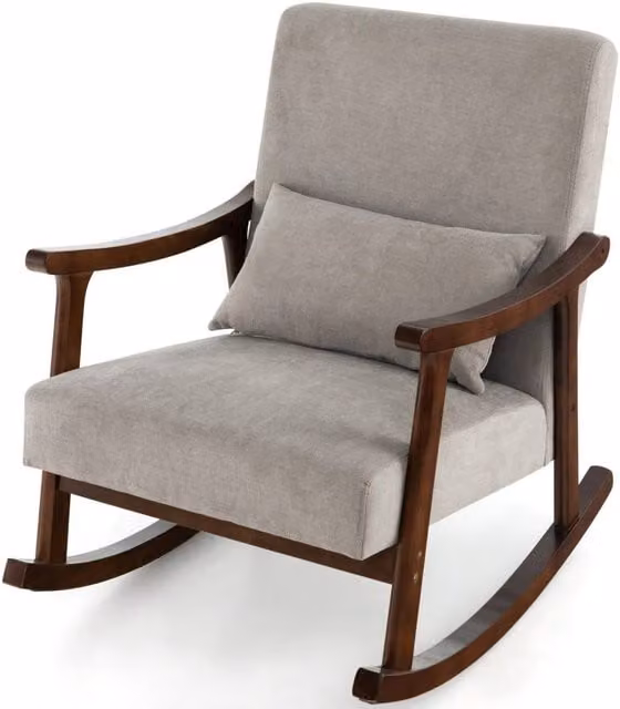 Costway Grey Upholstered Wooden Rocking Accent Chair with Rubberwood Armrests