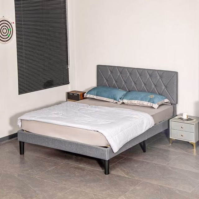 HOMCOM Grey Linen Upholstered Double Bed Frame with 5-Level Headboard and Wooden Slats, W/D/H: 140 x 200 x 137 cm – 1