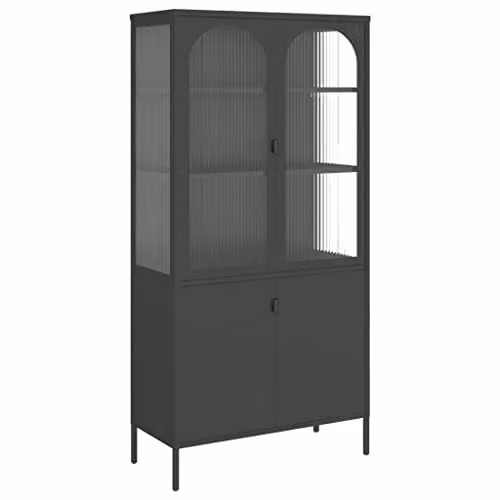 vidaXL Modern Highboard Storage Cabinet with Black Glass Doors and Steel Frame