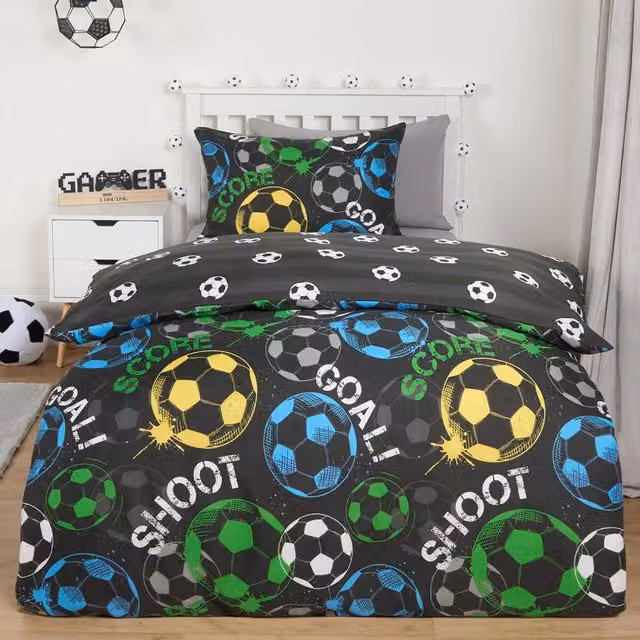 OHS Reversible Football Duvet Cover and Pillowcase Bedding Set for Children, Black and Multicolour, W/H: 90 x 200 cm