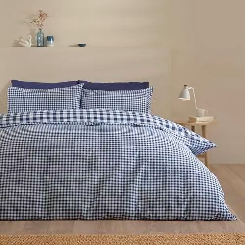 Catherine Lansfield Bamford Gingham Check Reversible Duvet Cover and Pillowcase Set, Blue, W/D/H: 200 x 200 cm, Pillowcases: 50 x 75 cm – 1