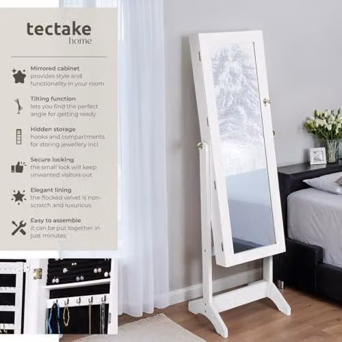 tectake Mirror Jewellery Cabinet with Stable Stand and Lockable Storage, White – 2