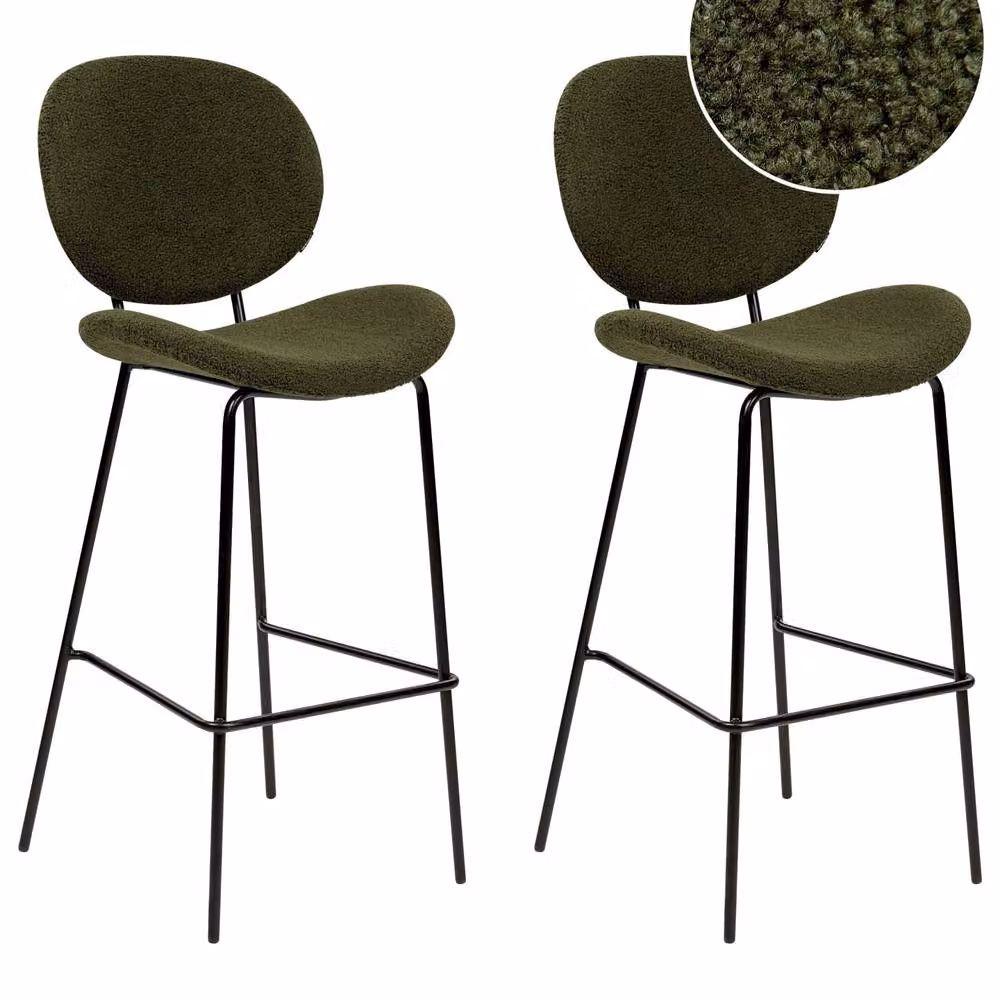 Wyld and Coco Set of 2 Dark Green Boucle Bar Chairs with Black Metal Legs – 2