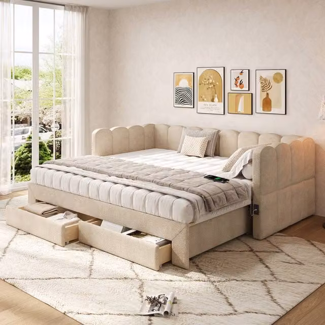 Matteo Daybed Sofa Bed in Beige Chenille with USB Charging Port and Storage Drawers, W/D/H: 90 x 190 cm