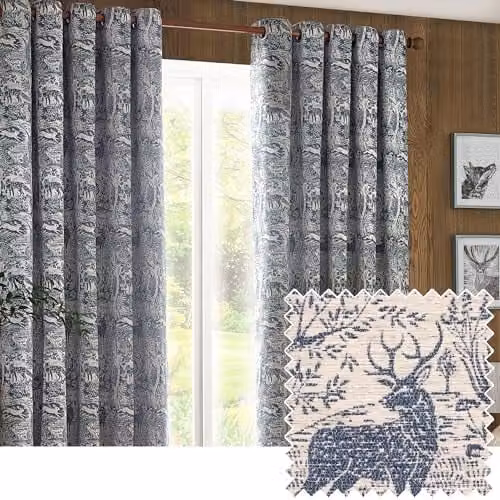 Riva Home Winter Woods Chenille Room Darkening Eyelet Curtains, Woodland Animals Pattern, Blue, 2 Panels, Width: 229 cm, Drop: 137 cm