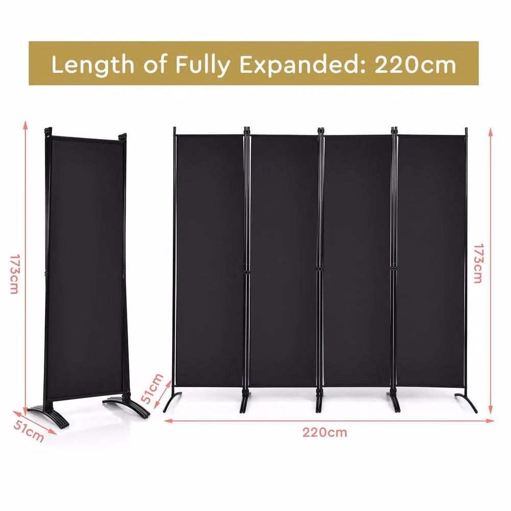 Kelvenix 4-Panel Folding Privacy Screen in Matt Black, Height: 173 cm – 2