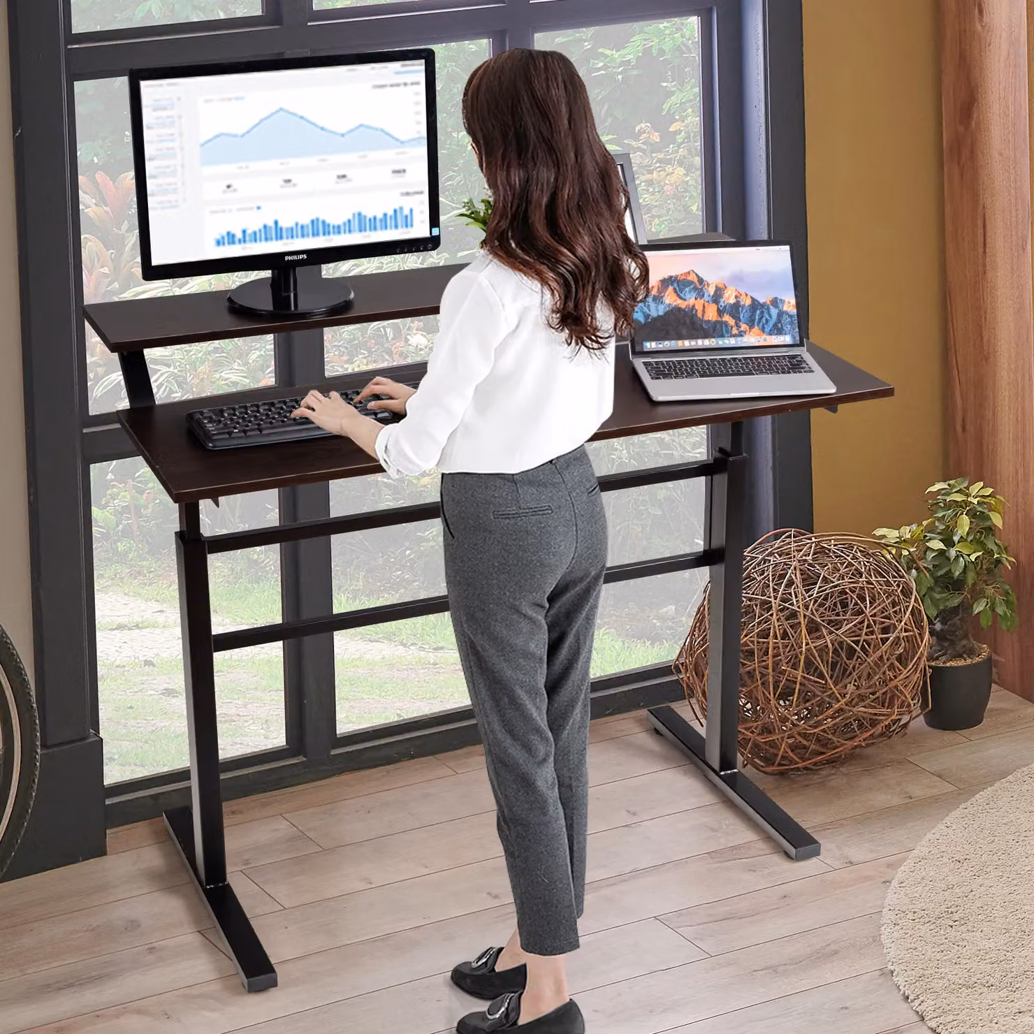 Costway 2-Tier Ergonomic Sit to Stand Computer Desk with Manual Crank Height Adjustment in Brown – 3