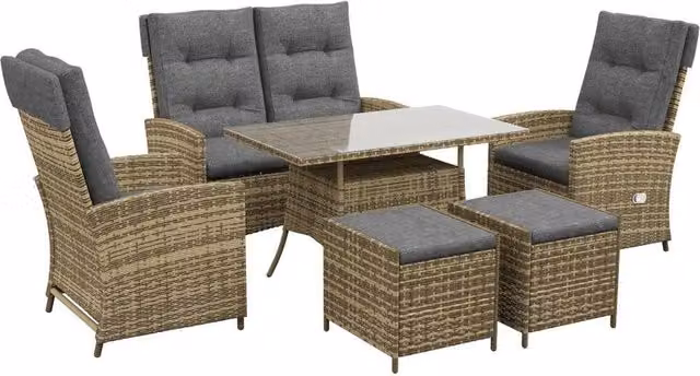 Chilli Nova Six Piece Modern Rattan Garden Set with Glass Table in Brown and Grey