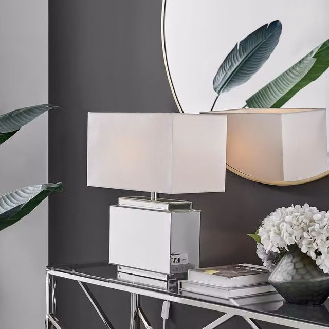 FurnitureboxUK Saanvi Art Deco Table Lamp with Mirrored Glass, Metal Base and White Fabric Shade, Including Bulb