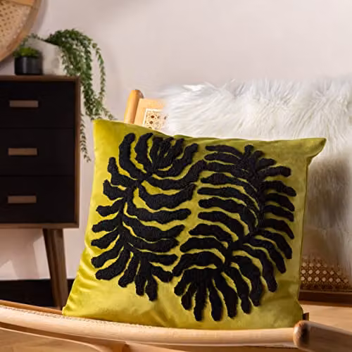 Riva Home Maldive Botanical Velvet Tufted Square Filled Cushion, Green and Yellow, W/D/H: 45 x 45 x 45 cm – 5