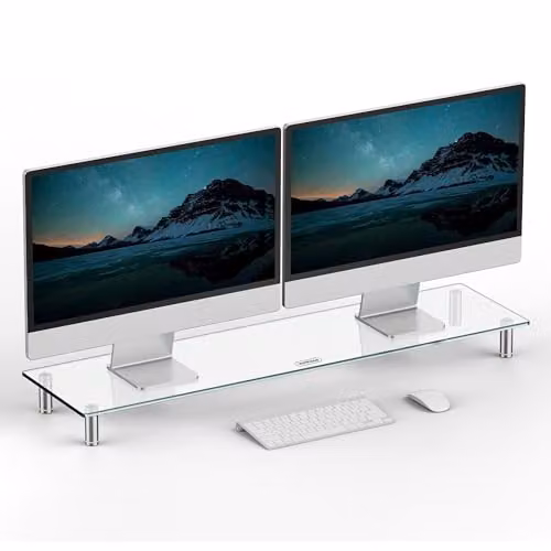 VonHaus Height Adjustable Dual Screen Glass Monitor Stand with Aluminium Legs, W: 100 cm, D: 26 cm – 1