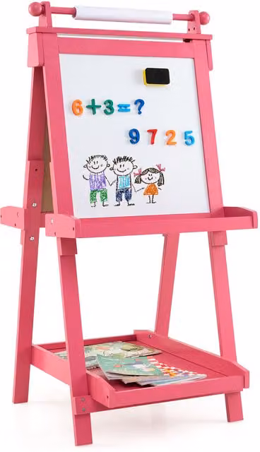 COSTWAY 3-in-1 Double-sided Wooden Art Easel and Chalkboard for Children in Pink