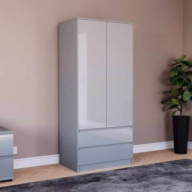 HD Designs Glinton High Gloss 2 Door 2 Drawer Wardrobe in Grey