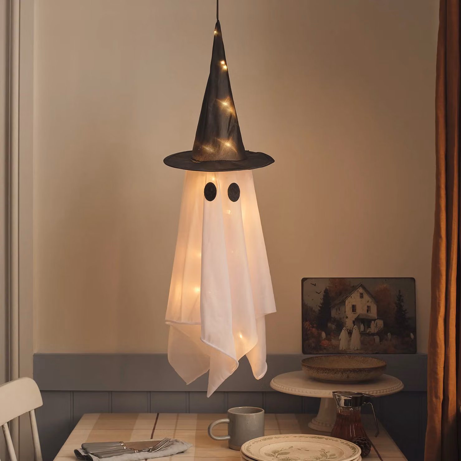 Lights4fun Winnie the Witch Ghost Hanging LED Halloween Decoration in Black, White and Multicolour, W/D/H: 25 x 25 x 78 cm