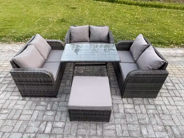 Fimous 7 Seater Rattan Garden Furniture Set with Rectangular Dining Table and Footstool in Dark Grey