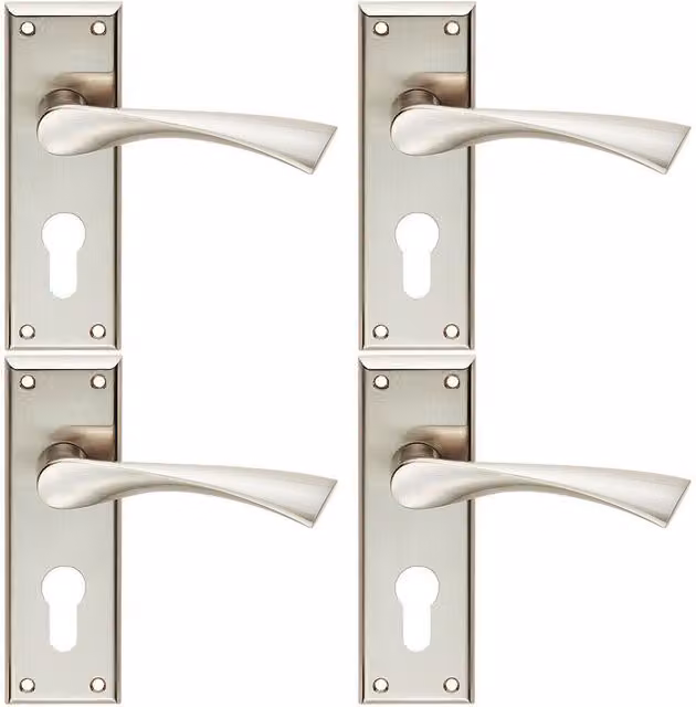 Loops 4 Pairs of Angular Lever Euro Lock Backplate Handles in Satin Nickel, W: 150 mm x H: 50 mm