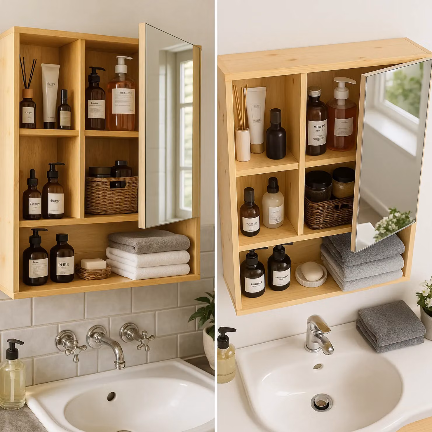 FURNOS Bamboo Wooden Wall Mounted Bathroom and Kitchen Storage Cabinet with Mirror and Soft Close Hinged Doors in Brown – 4