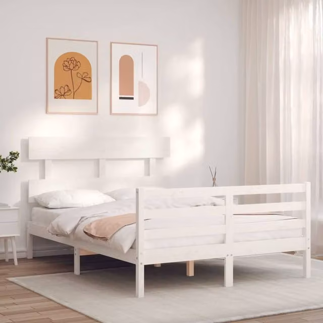 Berkfield Home Beautiful Small Double Bed Frame with Headboard in White Solid Pine Wood, W/D/H: 120 x 200 cm – 1