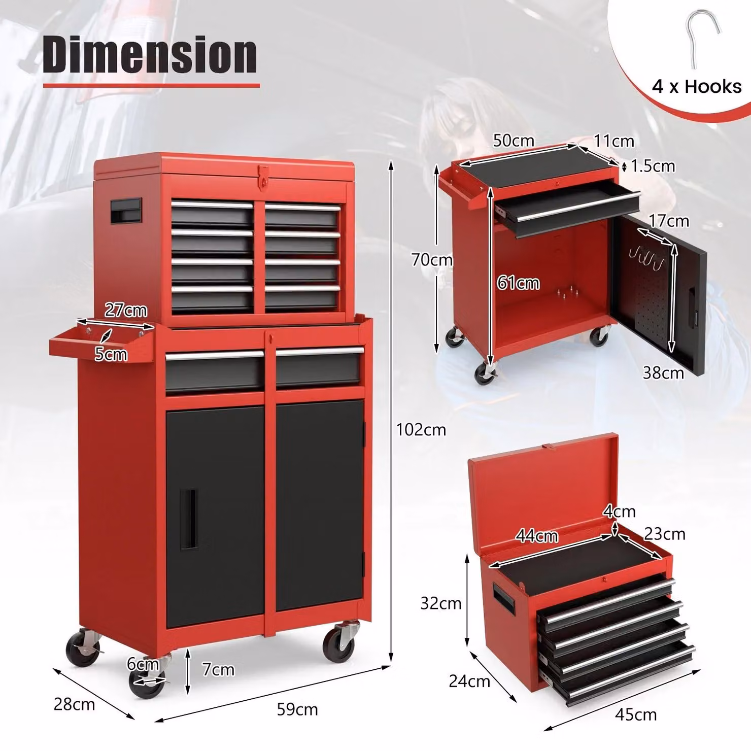 Costway 5-Drawer Rolling Tool Chest Metal Storage Cabinet with Lockable Wheels in Red – 2