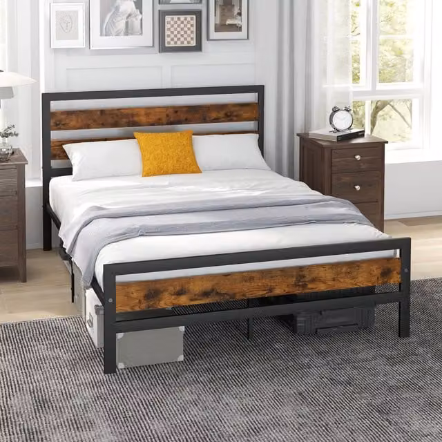 COSTWAY Industrial Metal Platform Double Bed Frame in Brown and Black, W/D/H: 140 x 200 cm
