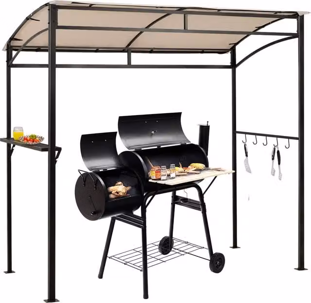 COSTWAY Curved Grill Gazebo Patio Barbecue Canopy Shelter with Shelving in Beige and Yellow