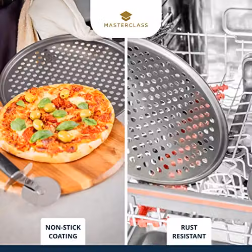 MasterClass Non-Stick Grey Carbon Steel Perforated Pizza Tray, Diameter: 32 cm – 3