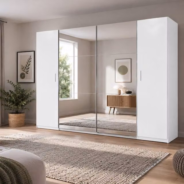 KDMD Lotto 4 Door Mirrored Sliding Wardrobe in Matt White, Width: 227 cm – 1