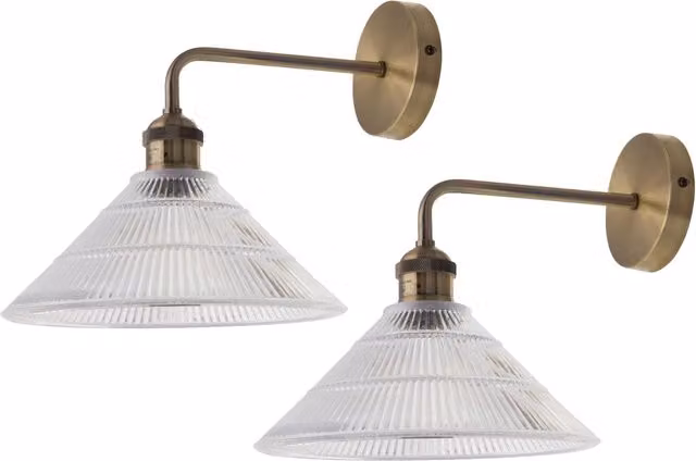 First Choice Lighting Isaac Set of 2 Gold and Antique Brass Wall Lights with Transparent Glass Shades