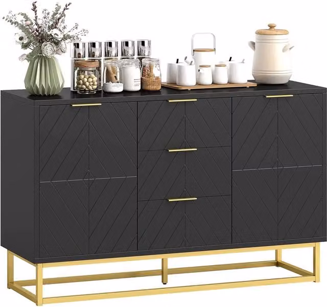 Nordara Modern Black and Gold Sideboard Storage Cabinet with Adjustable Shelves, W: 220 cm, H: 90 cm – 1