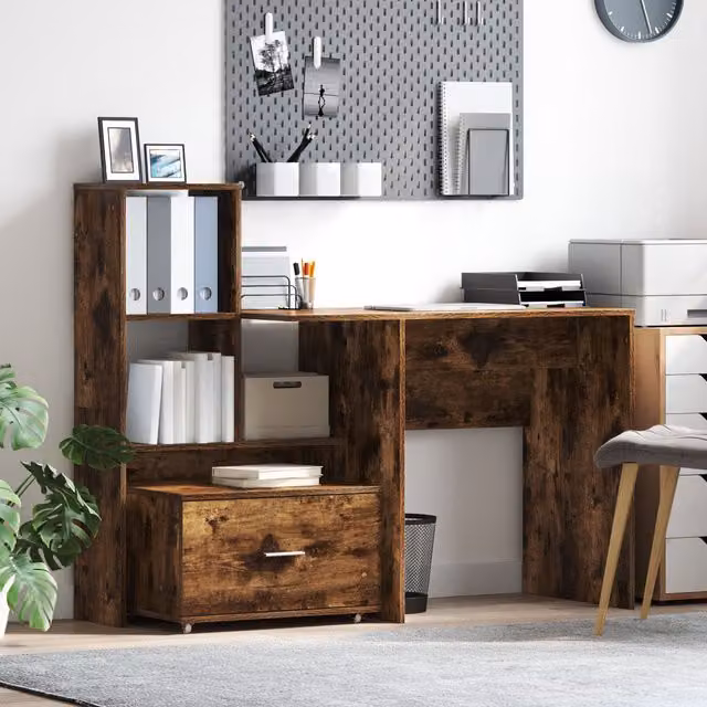 Berkfield Home Writing Desk with Drawer and Shelf in Smoked Oak Brown, W/D/H: 131.5 x 50 x 106.5 cm