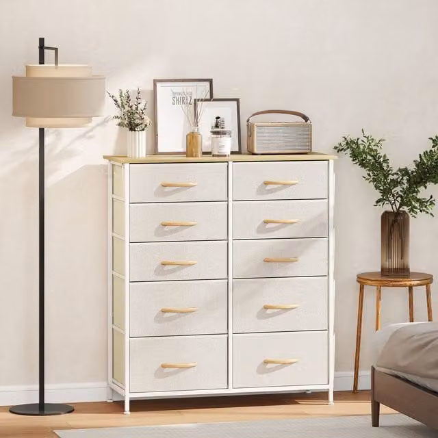 HOMCOM Modern Fabric and Metal Chest of Drawers in Beige