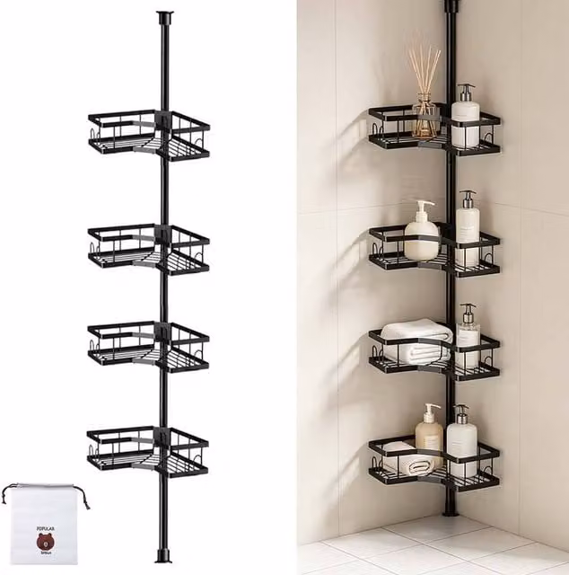 Ventryn 4 Tier Telescopic Wall Mounted Corner Bathroom Shower Caddy in Black