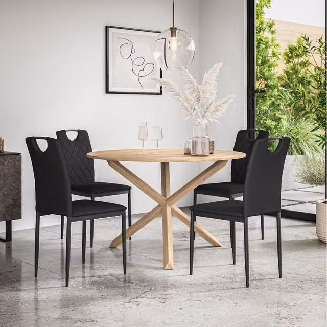 More4Homes Malvern Round Oak Effect Dining Table Set with 4 Chairs, Black, W/D/H: 120 x 120 x 75 cm