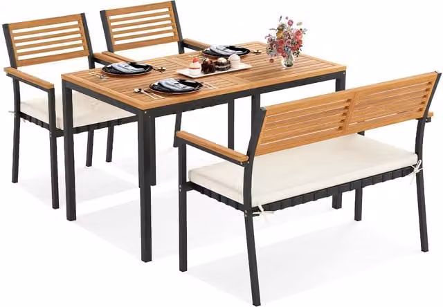 COSTWAY 4-Piece Modern Acacia Wood Patio Dining Set in White