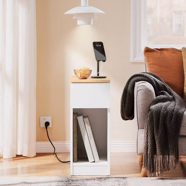 SoBuy Slim Nightstand with Wooden Top and Cable Grommet in White