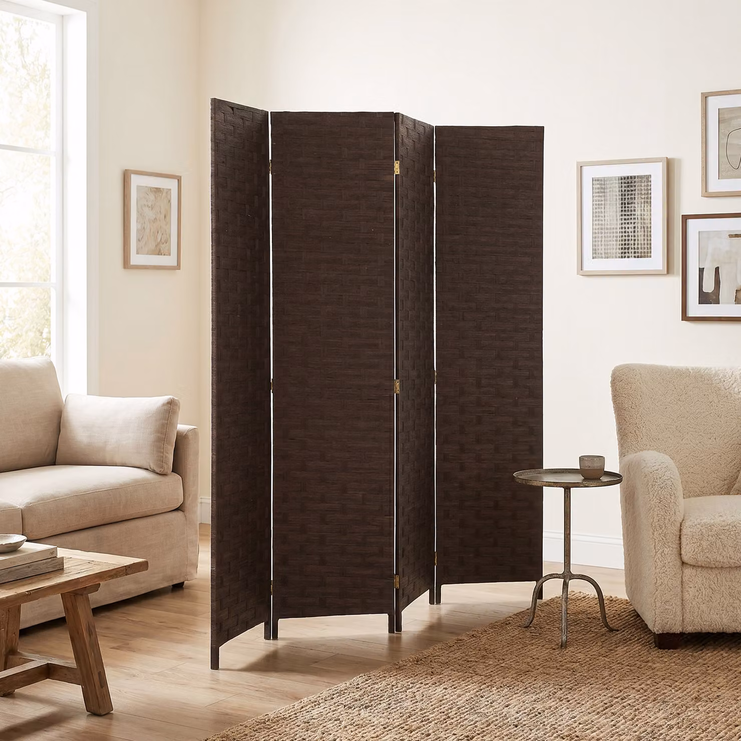 HOMCOM Wave Fibre Freestanding Folding Privacy Screen Room Divider in Dark Brown – 7