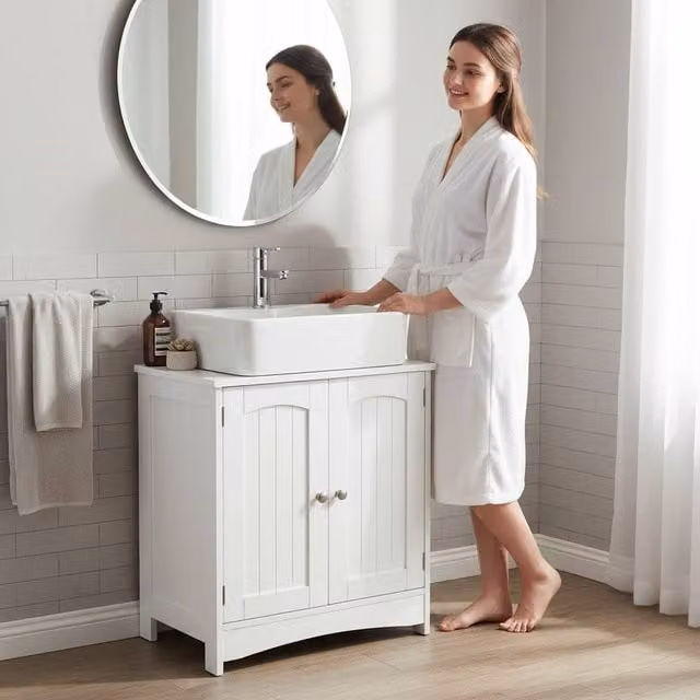 Alivio Modern White Wall-Mounted Under Sink Bathroom Cabinet with Hinged Doors and Internal Shelves