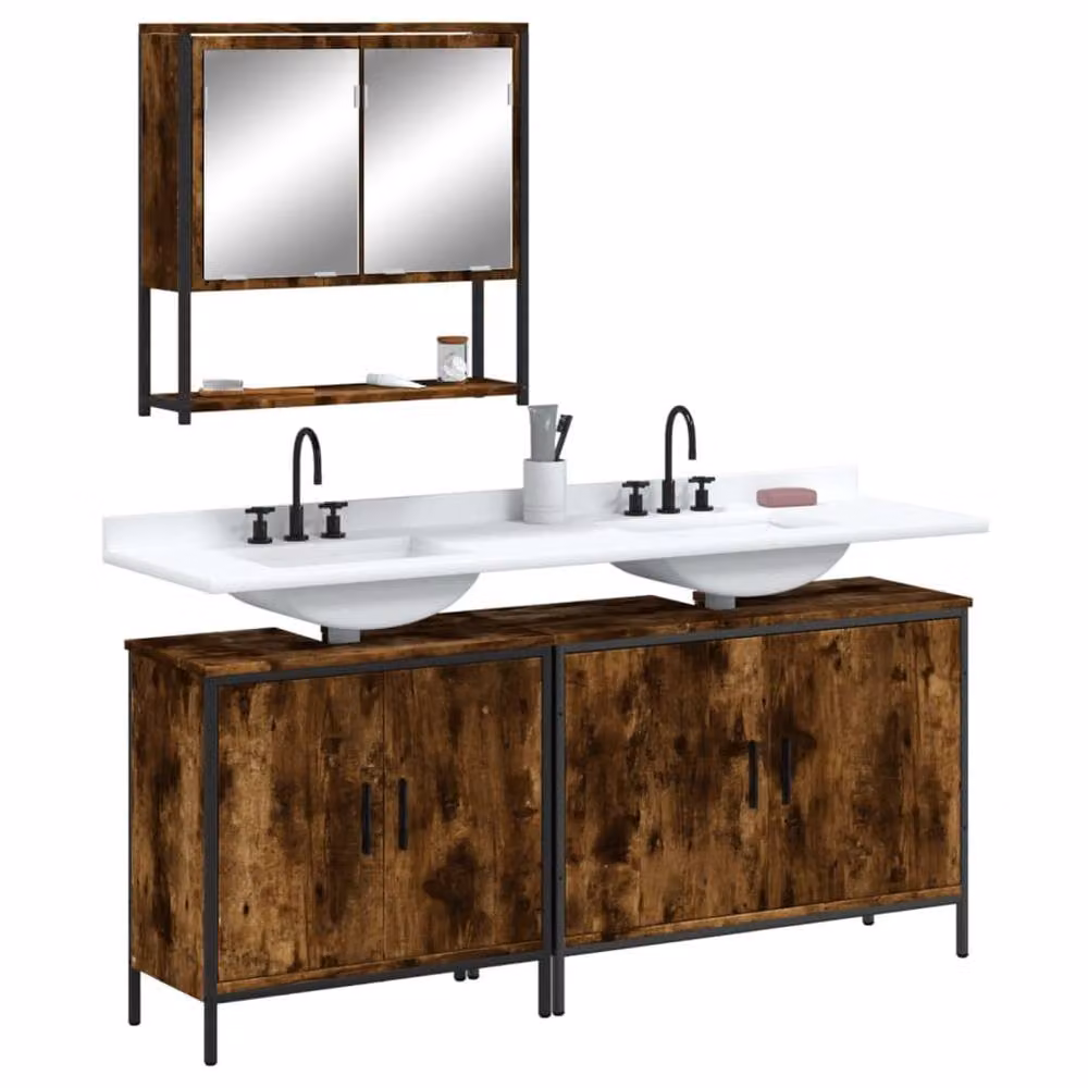 Berkfield Home 3 Piece Industrial Bathroom Furniture Set in Brown Smoked Oak – 2