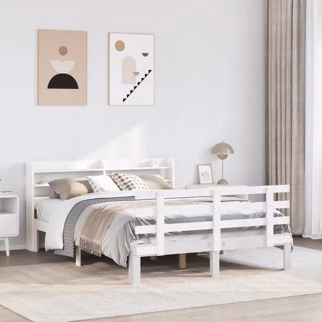 Berkfield Home King Size Bed Frame with Headboard in White Solid Pine Wood, W/D/H: 150 x 200 cm