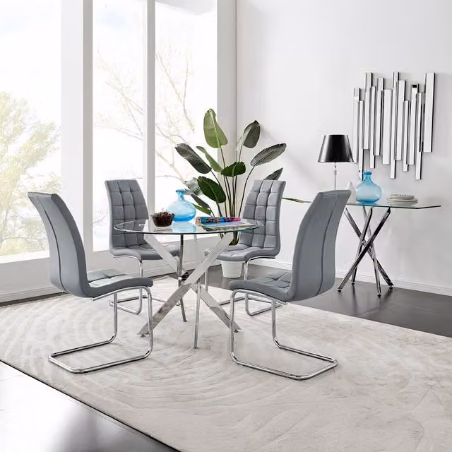 FurnitureboxUK Novara 100cm Round Glass Dining Table and 4 Murano Chairs in Grey and Transparent – 1